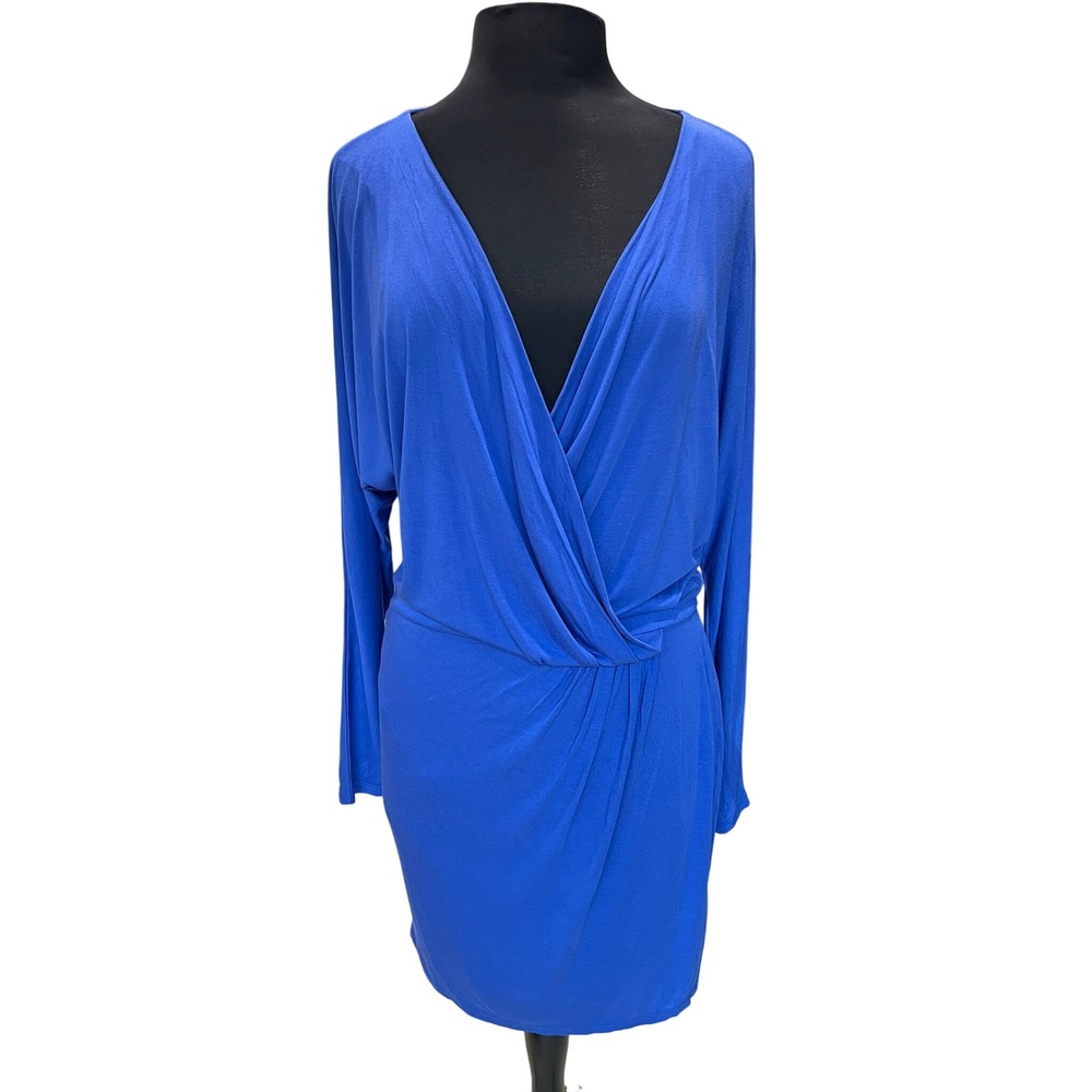 Haute Hippie Royal Blue Draped Wrap Mini Dress Long Sleeve V-Neck Size M NWT